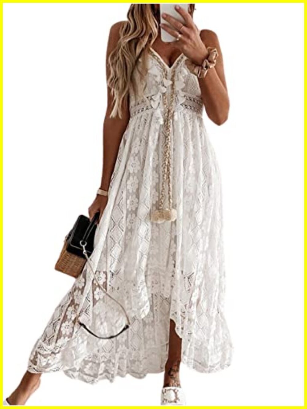 Women's Lace Crochet Maxi Dress V-Neck Adjustable Straps High-Low Hem Beach